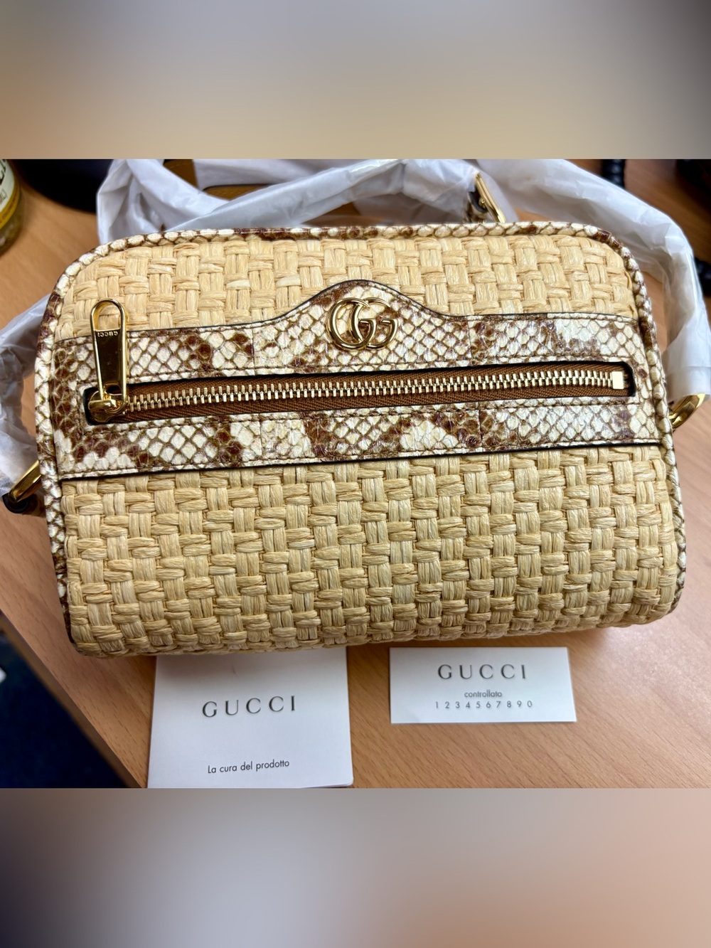 Gucci Raffia and Watersnake Mini Ophidia Crossbody Bag